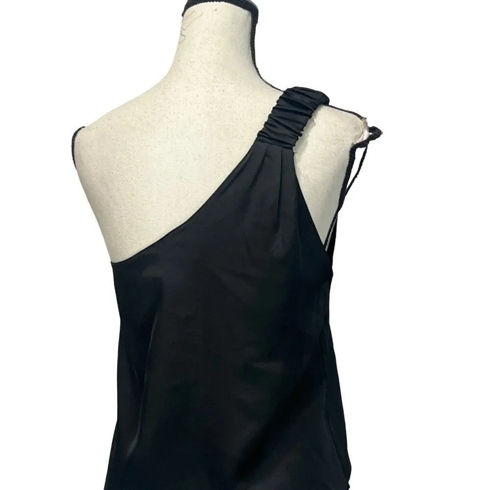 Know One Cares Women’s Shirred Shoulder Strap One Shoulder Satin Top, Black, S